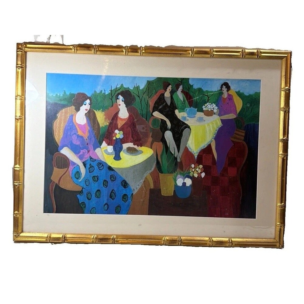 Vintage Art Deco Garden Tea Party Framed Print Large Gold Bamboo Frame Decor
